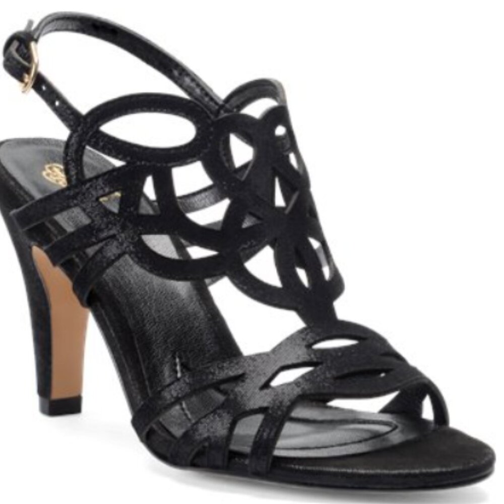 Gorgeous Isola Black Suede Leather Laser Cut Sandals.